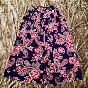 Kathie Lee Long A-Line Paisley Floral Skirt Elastic Waist Navy Size 6